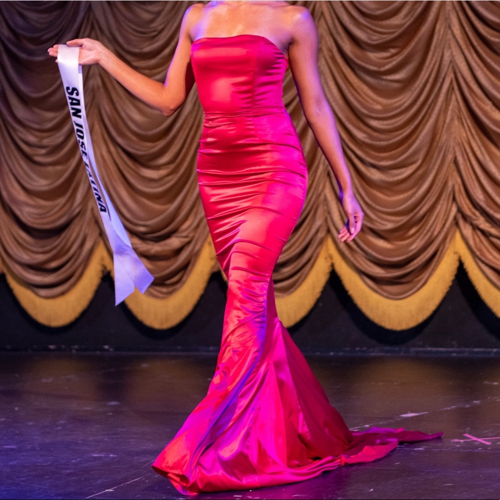 Satin red strapless gown